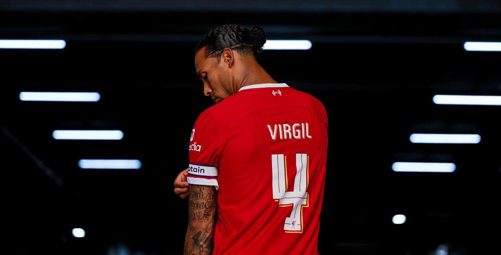 Liverpool FC captain Virgil Van Dijk wearing personalised Virgil LFC shirt