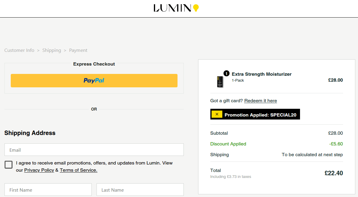LUMIN discount code application box