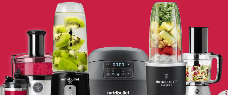 Nutribullet more ways to save banner featuring an assortment of blenders on a red background