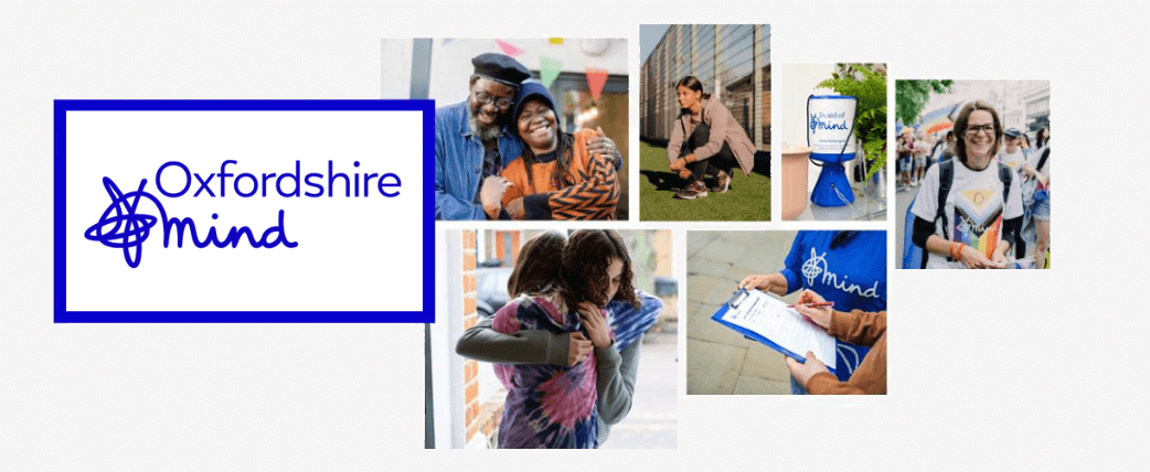 multiple pictures of fundraisers and people getting support, alongside the Oxfordshire Health logo
