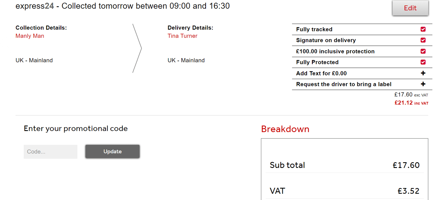 Screeshot of the Parcelforce discount code box on the Order Summary page