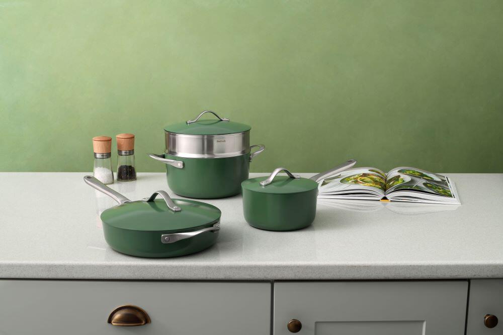 ProCook cookware set in green cast iron
