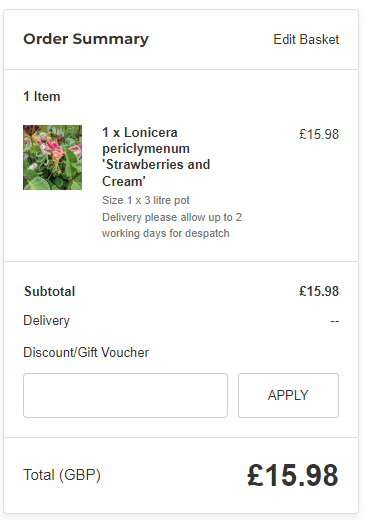 Sarah Raven discount code box on the checkout page
