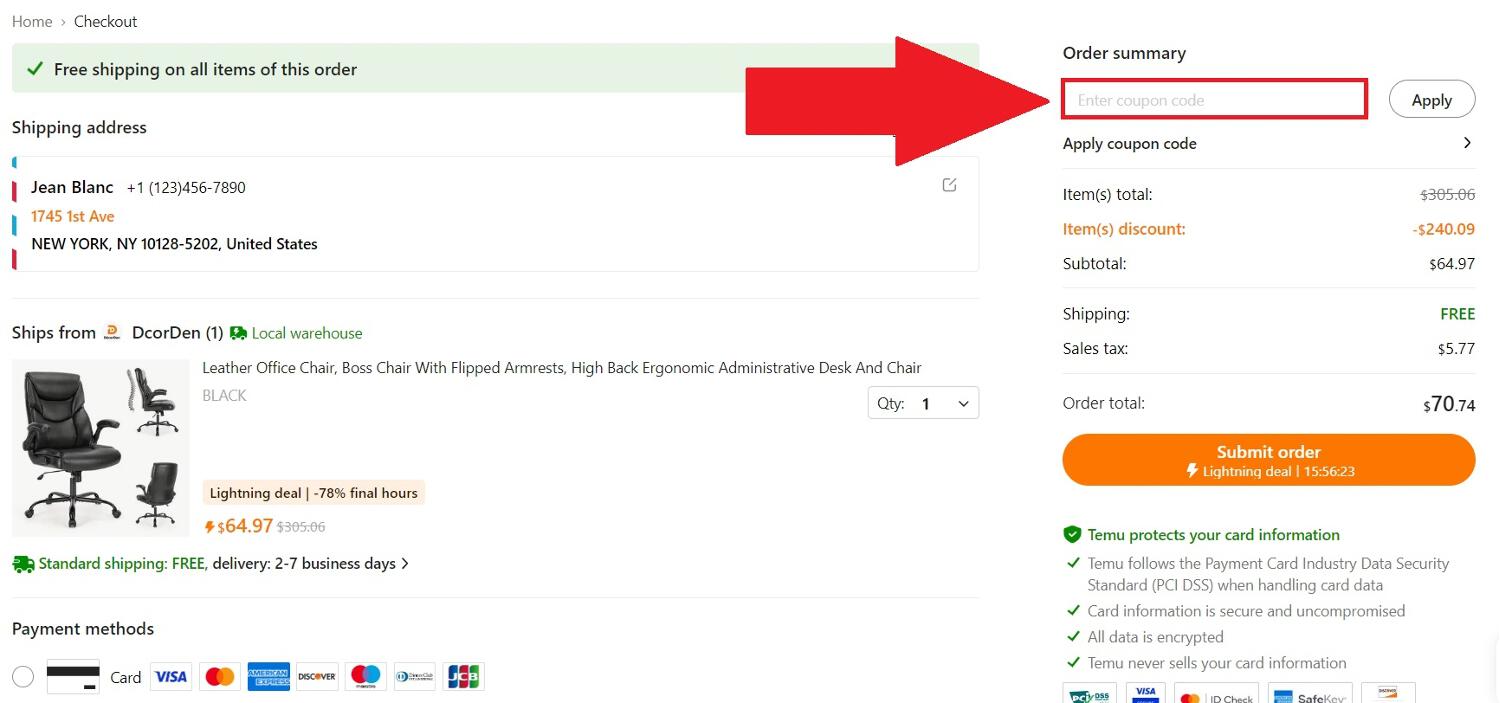 Temu coupon code box