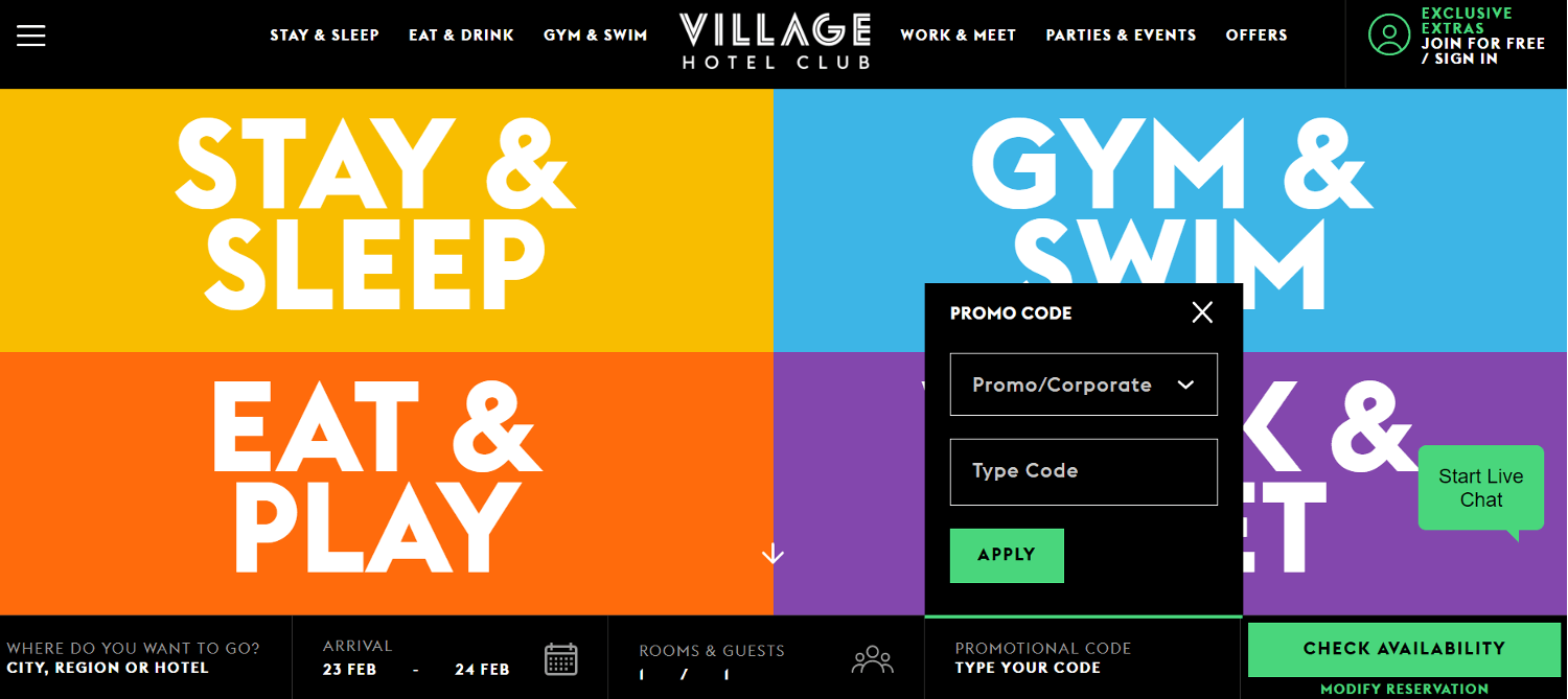 Village Hotels discount code application box on the home page