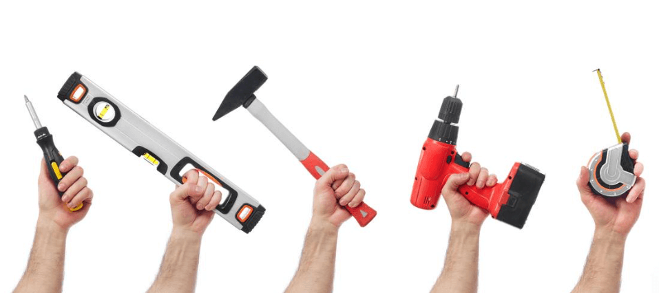 Zoro savings page banner showing multiple hands holding up different power tools againt a white background
